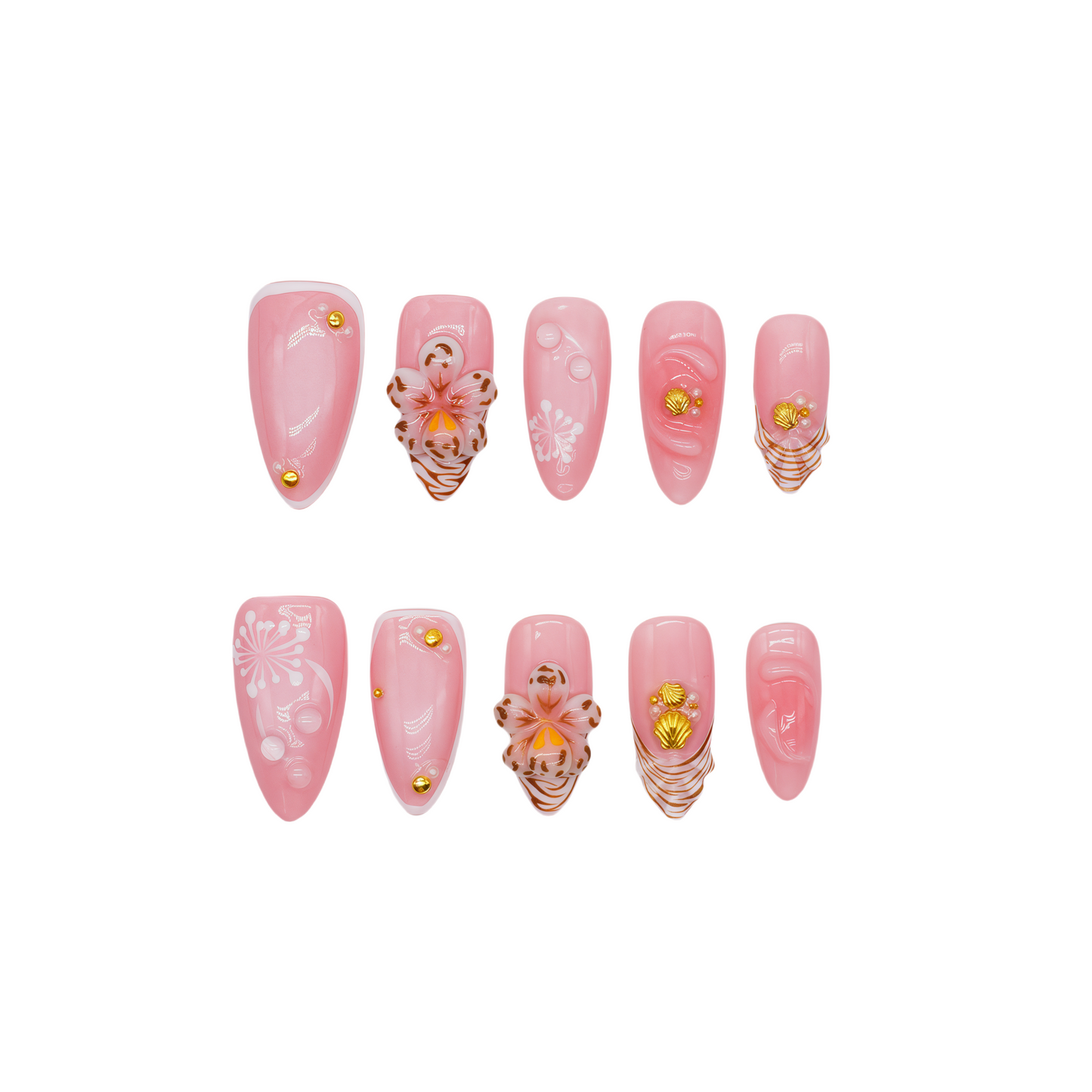 Medium almond press-on nails in soft pink with 3D floral appliqués, white botanical detailing, and gold seashell accents – Blush Bloom nail set.