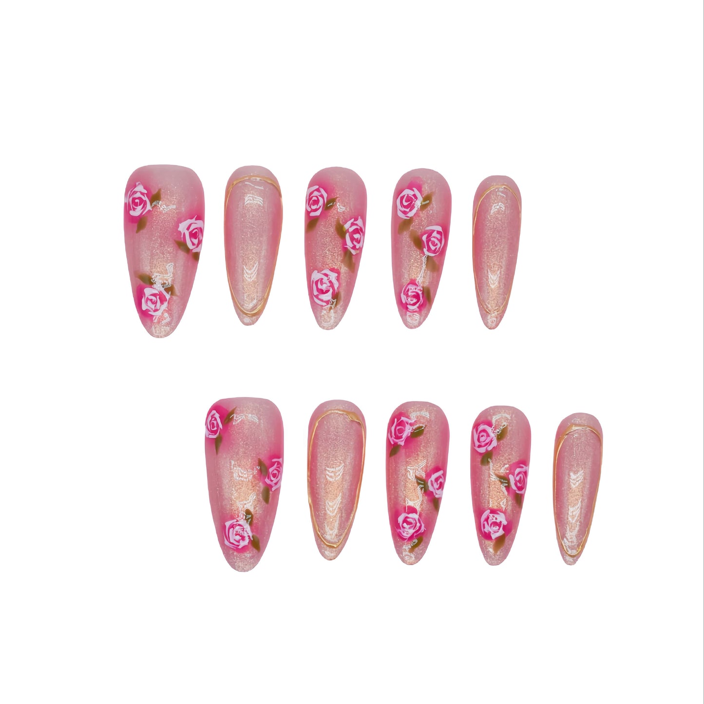Blushing Petals press-on nails featuring pink shimmer base, 3D rose flowers, and gold accents for a soft romantic look.