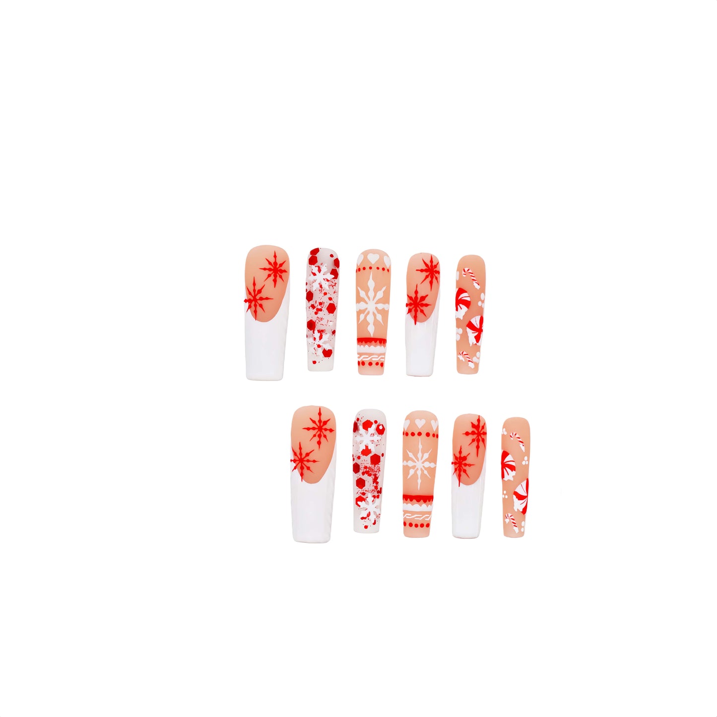 Candy Cane Spark press-on nails with red and white holiday designs, including snowflakes, hearts, and candy cane patterns.