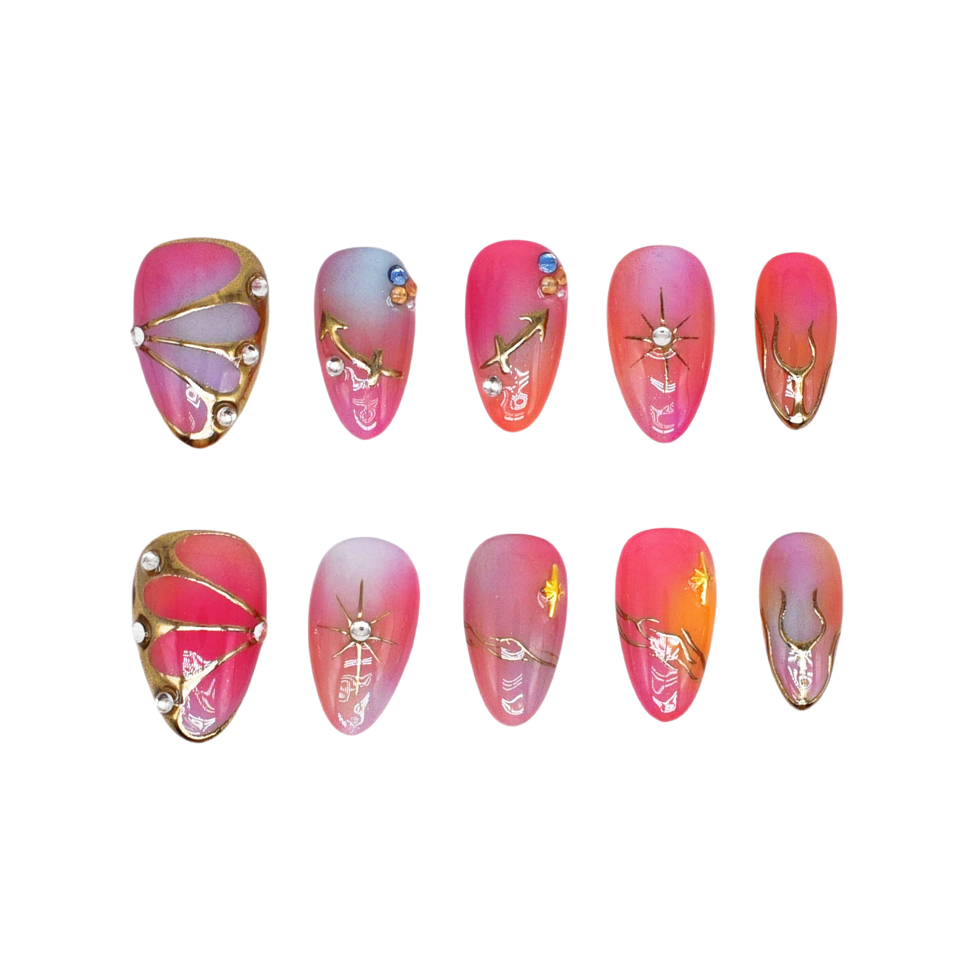Gradient pink to purple press-on nails with celestial gold details, charms, and gemstone accents – Celestial Bloom almond-shaped handmade nail set.