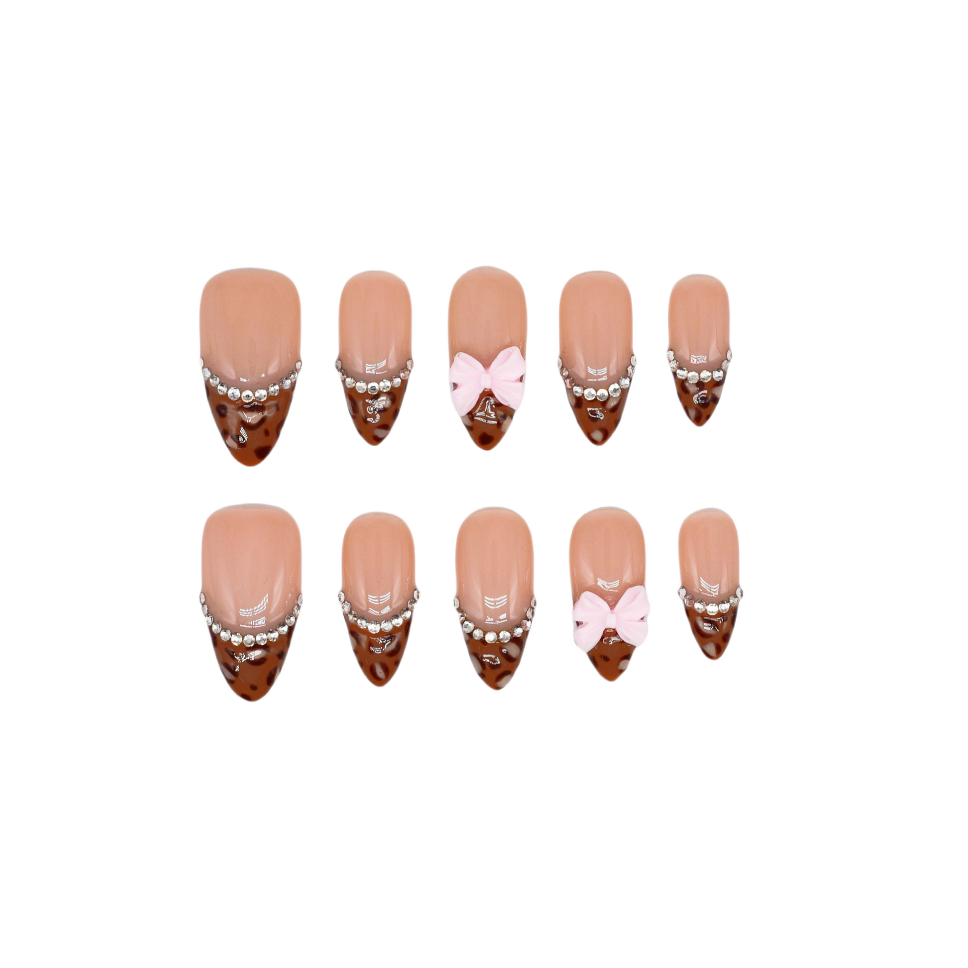 Choco Chic press-on nails by You Are Angel with brown tips, silver gem chains, nude base, and pink 3D bows.