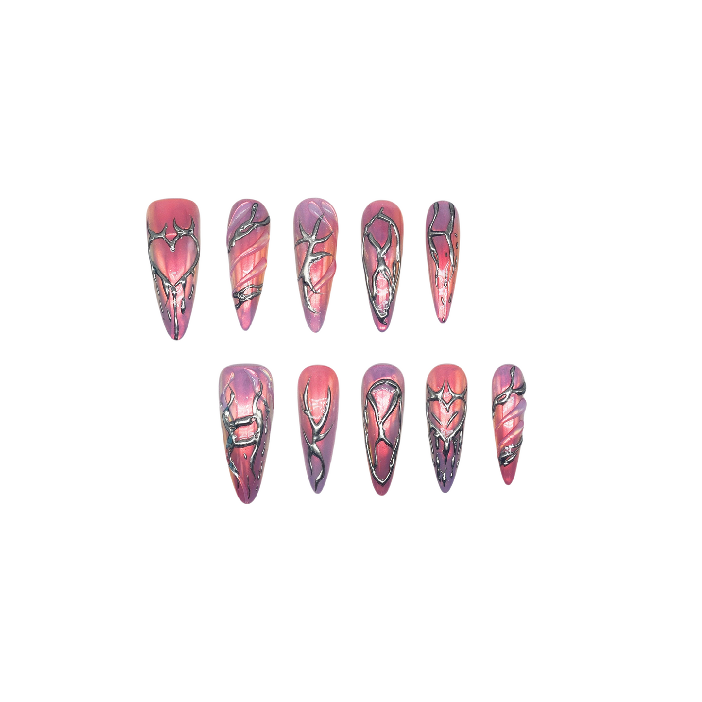 Cyber Crush press-on nails by You Are Angel with pink-purple chrome base and sculpted silver metallic designs in long stiletto shape.