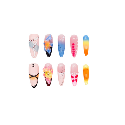 Dream Pop press-on nails by You Are Angel featuring 3D flowers, pink and blue ombré, pearl dots, and fun summer colors.