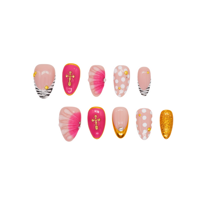 Almond press-on nails with zebra stripes, pink 3D shells, polka dots, gold cross embellishments, and chrome gold tip – Electric Pop Royale set.