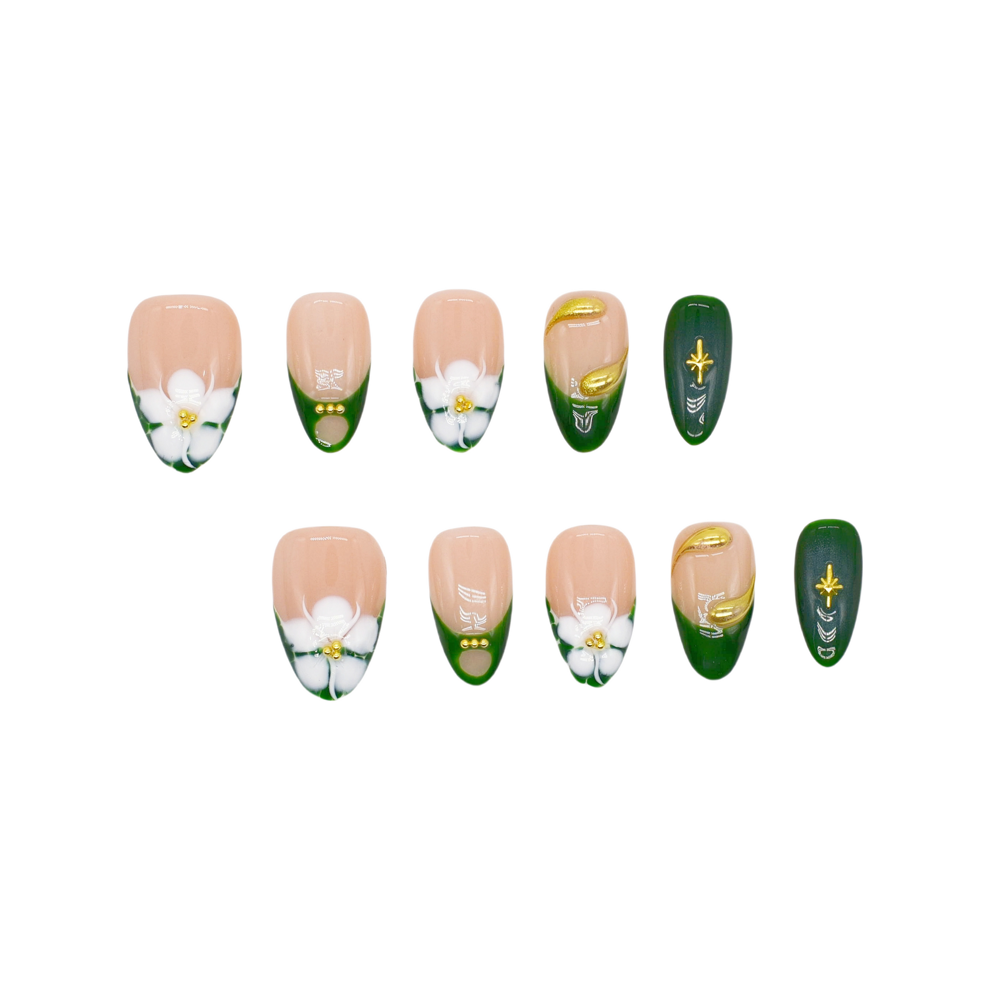 Press-on nails with emerald green French tips, white 3D blossoms, and gold swirl accents – Emerald Blossom.