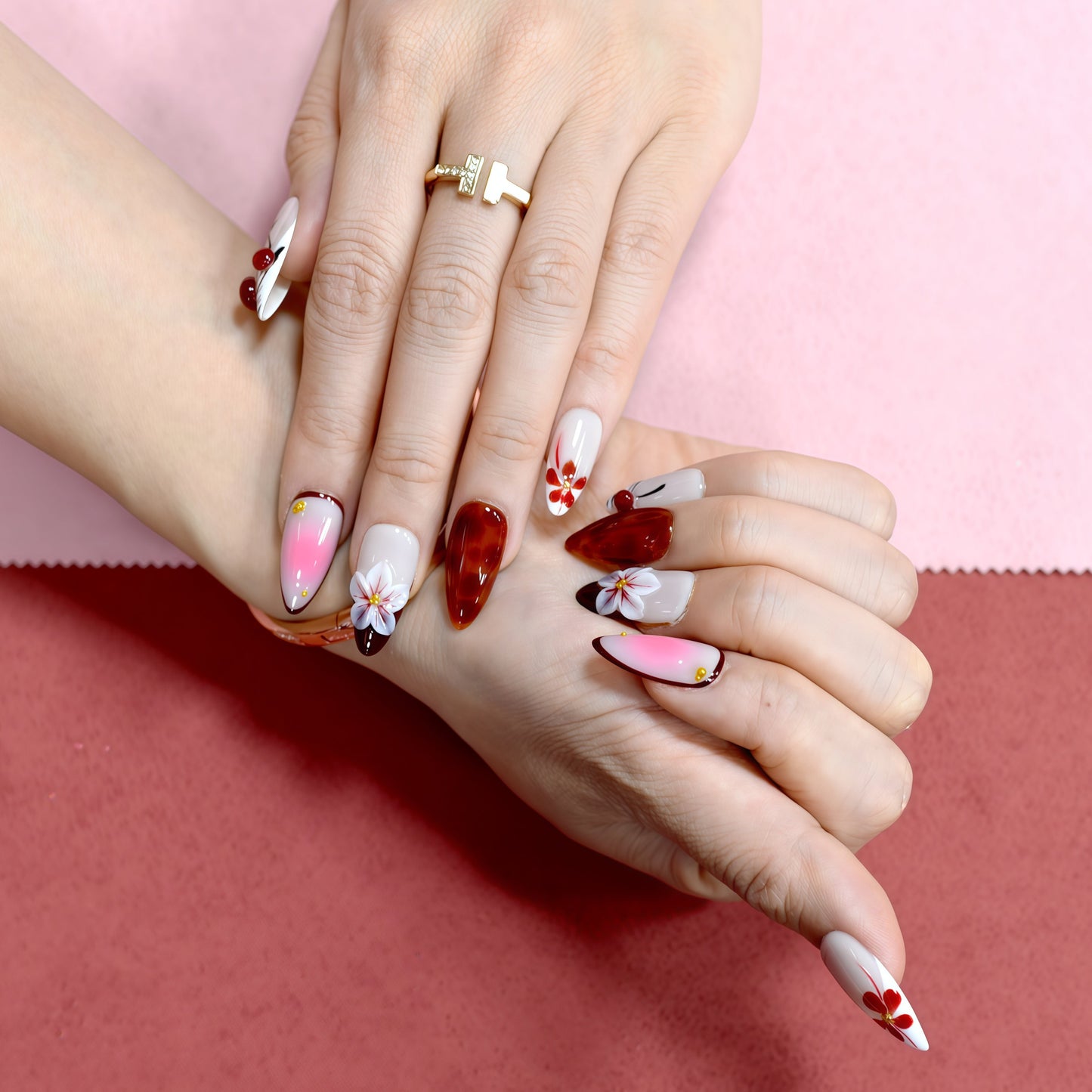 Red and pink ombre press on nails with 3D flowers, gemstone accents, and glossy finish – Heart & Heat Collection.
