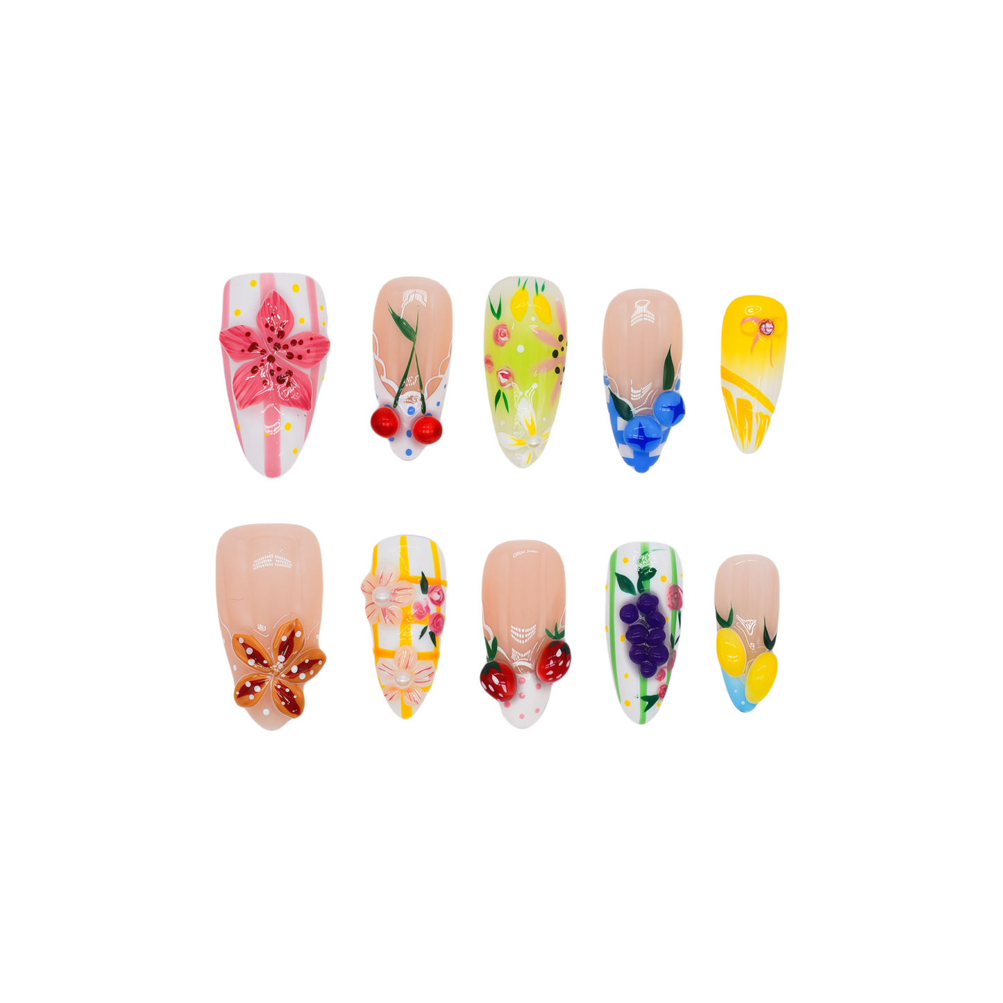 Medium Almond press-on nails featuring cherries, lemons, grapes, and floral embellishments in a colorful fruity design – Fruit Garden Bloom nail set.