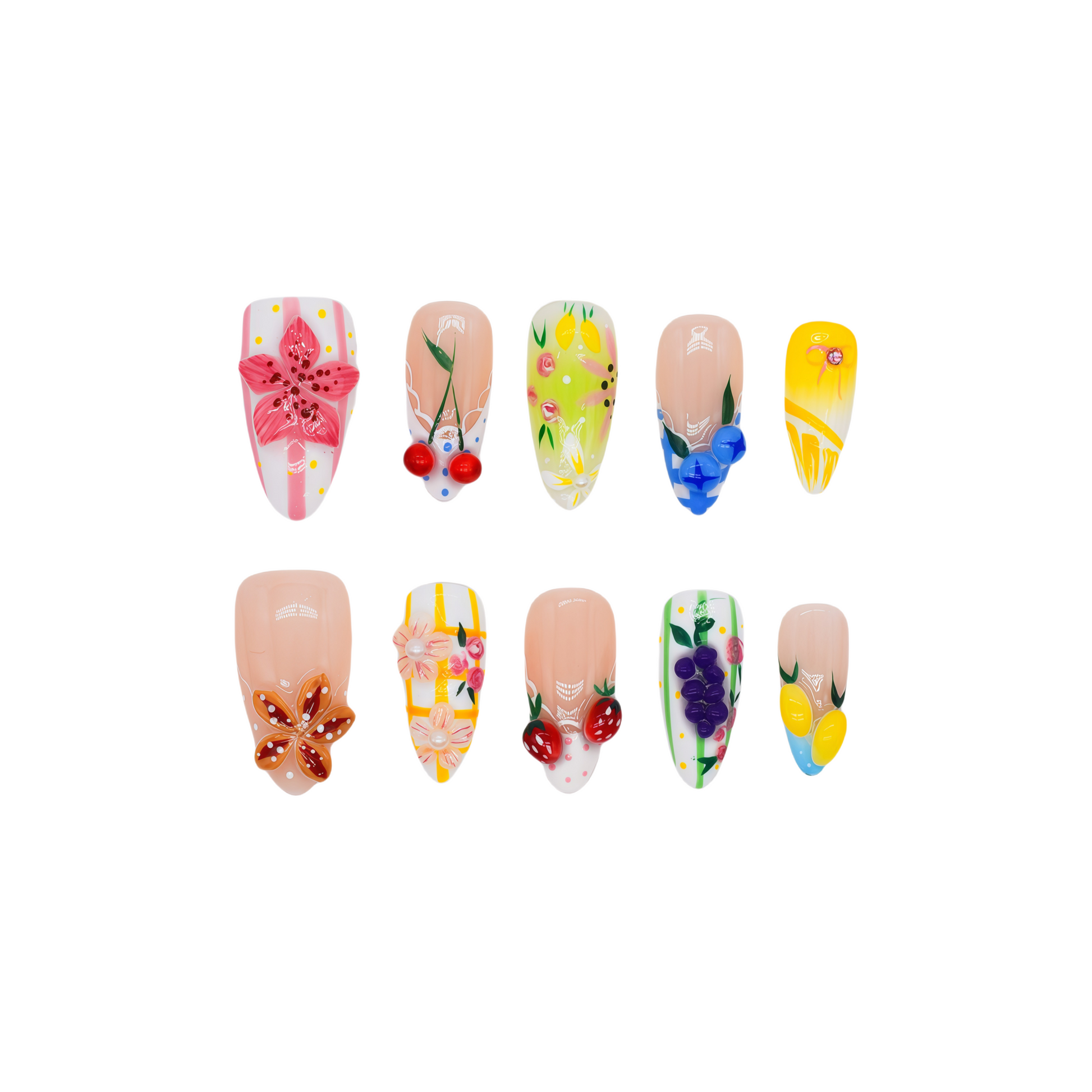 Medium Almond press-on nails featuring cherries, lemons, grapes, and floral embellishments in a colorful fruity design – Fruit Garden Bloom nail set.