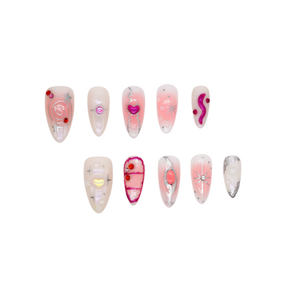 Medium almond press-on nails in pink gradient with chrome stars, neon smileys, and 3D hearts – Galactic Girl from You Are Angel.