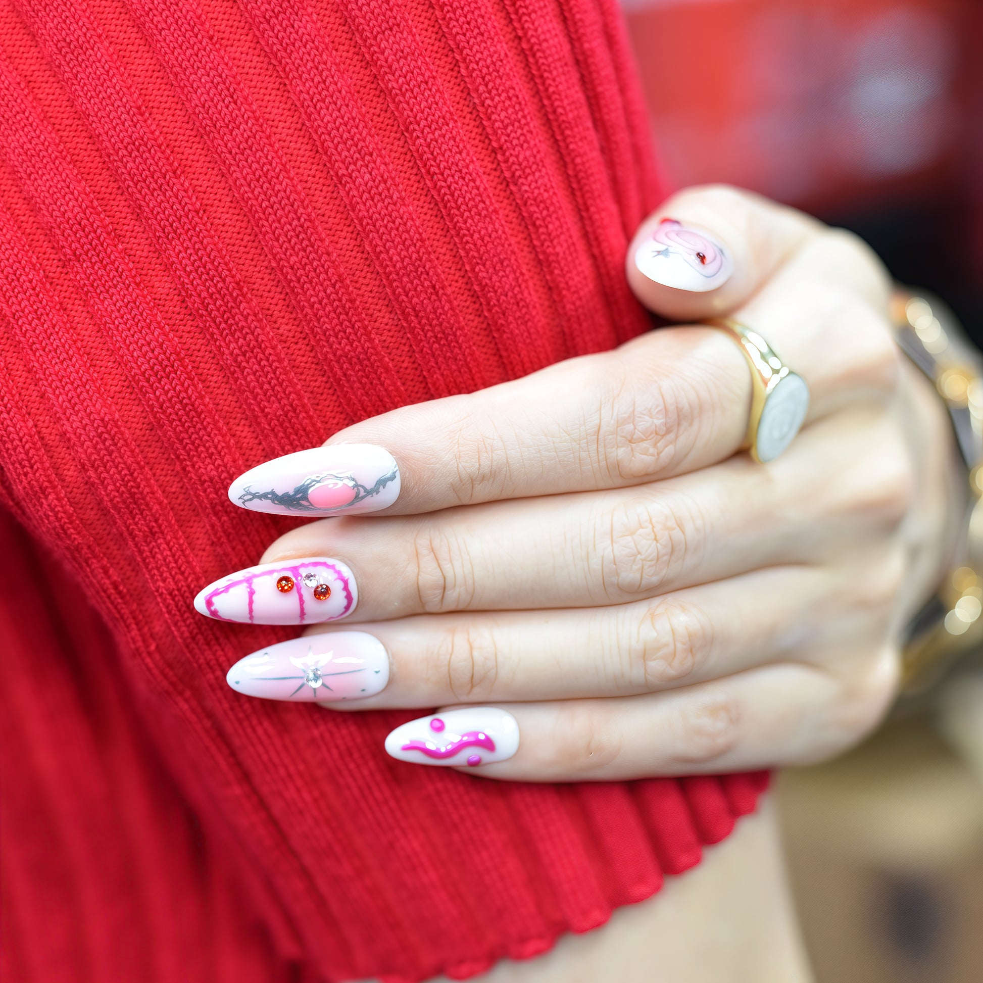Medium almond press-on nails in pink gradient with chrome stars, neon smileys, and 3D hearts – Galactic Girl from You Are Angel.