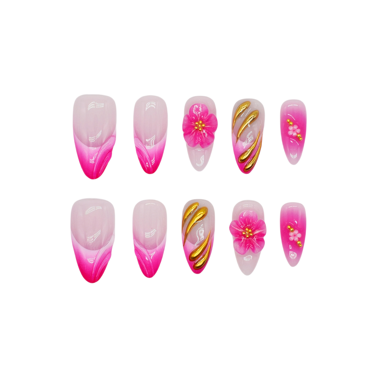 Medium almond press-on nails in pink ombré with 3D pink flowers, gold sculpting, and floral accents.