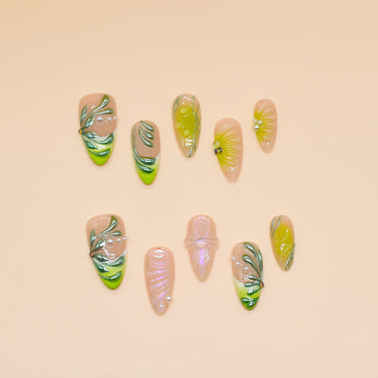 Green Garden Whispers handmade press-on nails with floral and green leaf designs