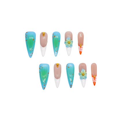 Tropical-themed stiletto press-on nails with aqua-blue gradient, 3D flowers, and orange coral accents – Island Bloom by You Are Angel.
