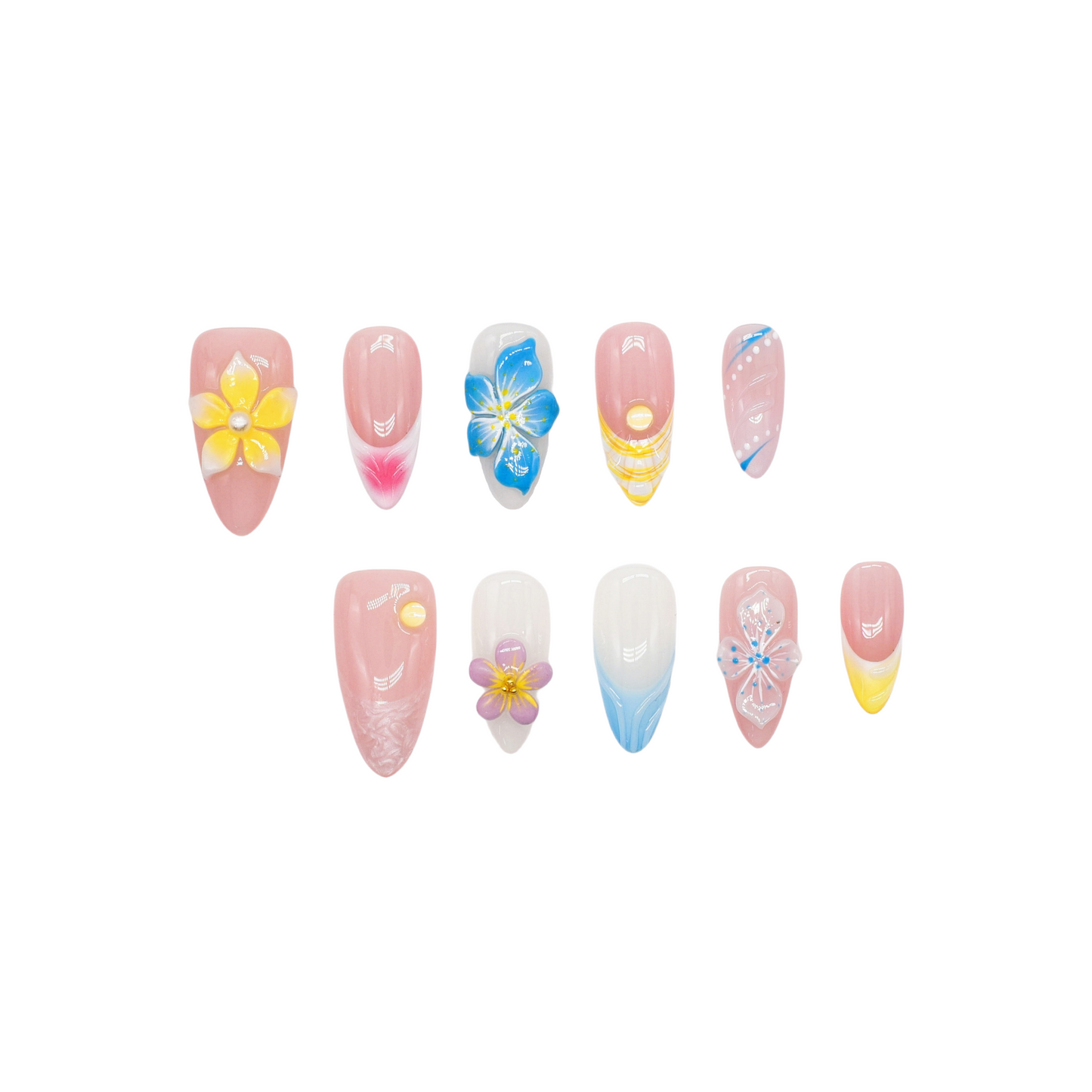 Tropical press on nails with nude base, bright 3D flowers in yellow, blue, and purple – Tropical Bloom Collection.