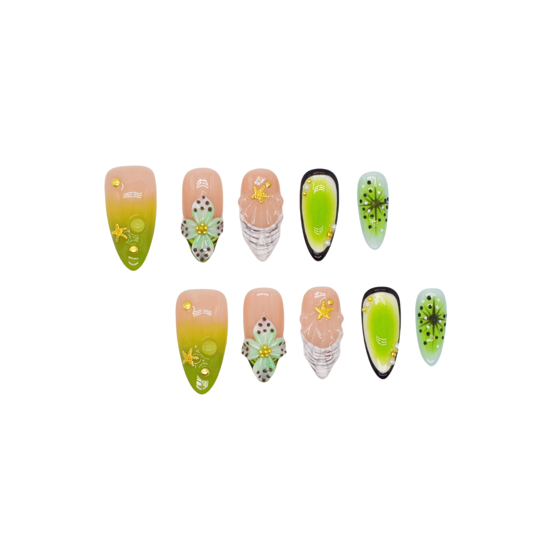 Tropical green almond press-on nail set with 3D floral and starfish designs, featuring kiwi gradient colors and shell carvings.