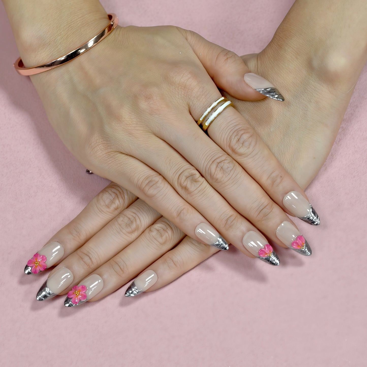 Silver chrome French tip press-on nails with 3D pink flowers – luxury handmade nail set.