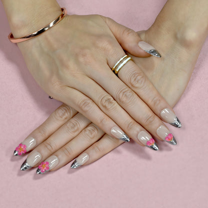 Silver chrome French tip press-on nails with 3D pink flowers – luxury handmade nail set.