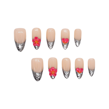 Silver chrome French tip press-on nails with 3D pink flowers – luxury handmade nail set.