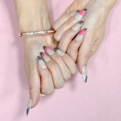 Silver chrome French tip press-on nails with 3D pink flowers – luxury handmade nail set.