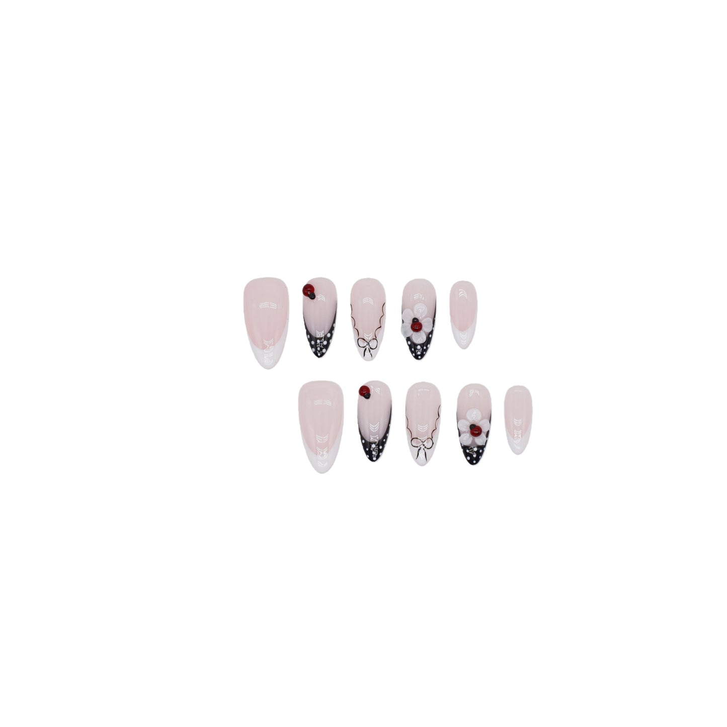 Midnight Lace press-on nails with nude base, black lace tips, red accents, and delicate 3D bows for a romantic elegant look.