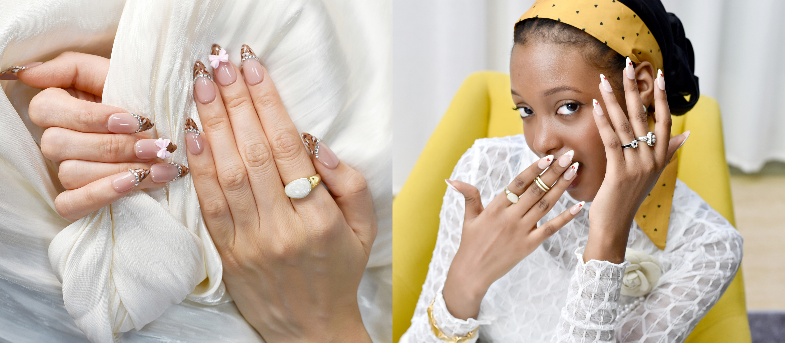 Close-up of hands with jewelry and a person wearing a yellow headscarf and white outfit.