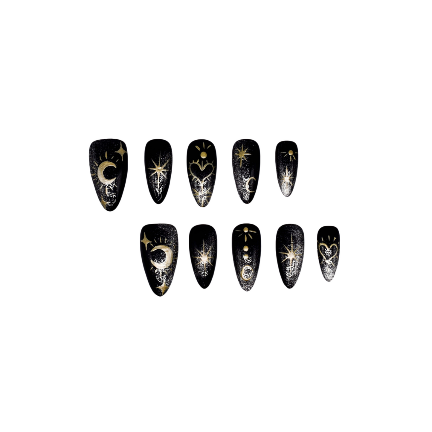 Moonlight Ritual handmade press-on nails by You Are Angel featuring black base with gold celestial art including moons, stars, and hearts.