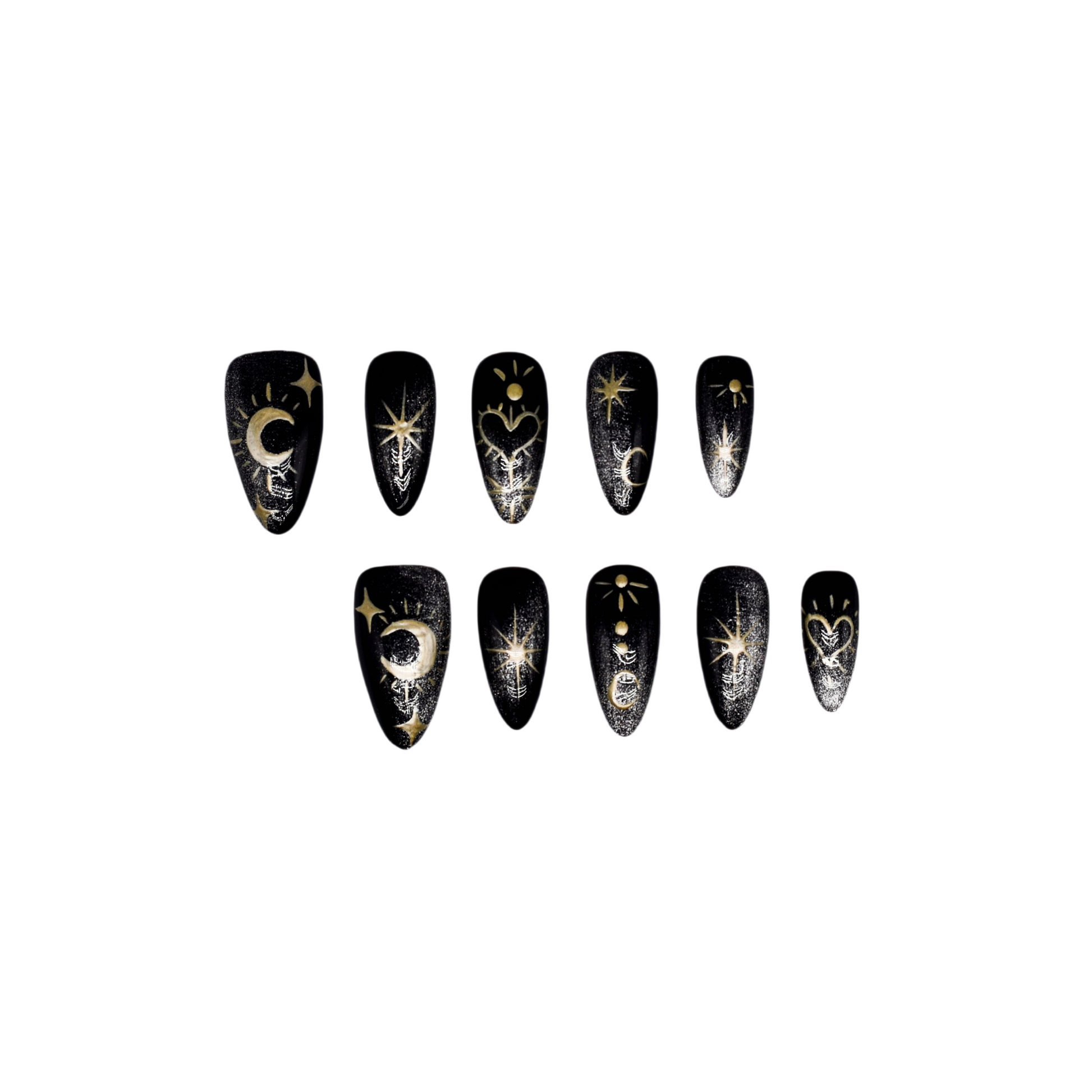 Moonlight Ritual handmade press-on nails by You Are Angel featuring black base with gold celestial art including moons, stars, and hearts.