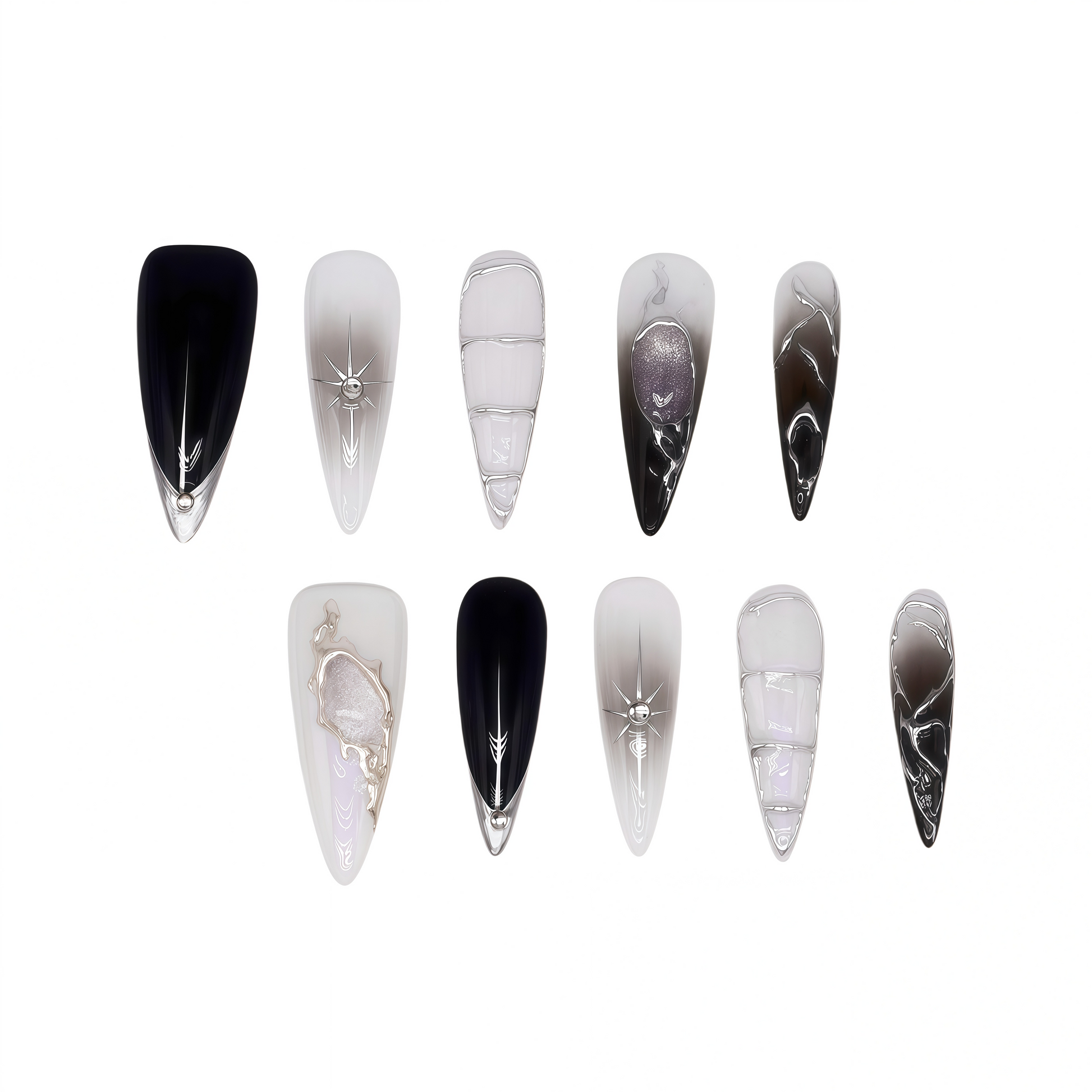 Handcrafted long almond press-on nails with black-to-grey gradient, silver chrome details, and minimalist celestial line art – Obsidian Whisper nail set.
