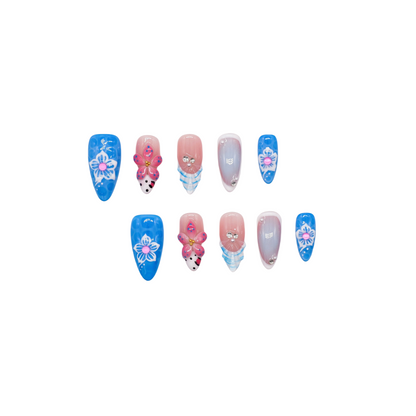 Ocean Bloom long coffin press-on nails in bold blue and pink with 3D butterfly, floral art, and gemstone details – Tropical Bloom Collection.