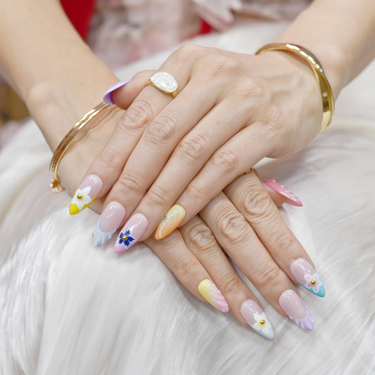 Paradise Petals handmade press-on nails with tropical gradient colors and 3D floral designs, medium almond shape.