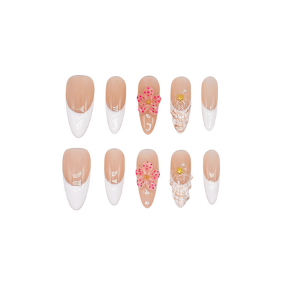 Paris Picnic handmade press-on nails with white French tips, pink 3D flowers, nude base, and plaid textured accents – by You Are Angel.