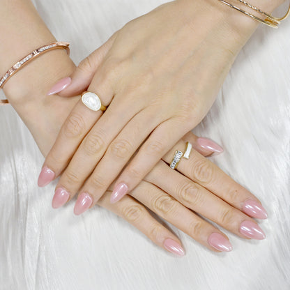Peach Glaze nude press-on nails by You Are Angel with almond shape and high-gloss finish – soft peach-pink neutral shade.