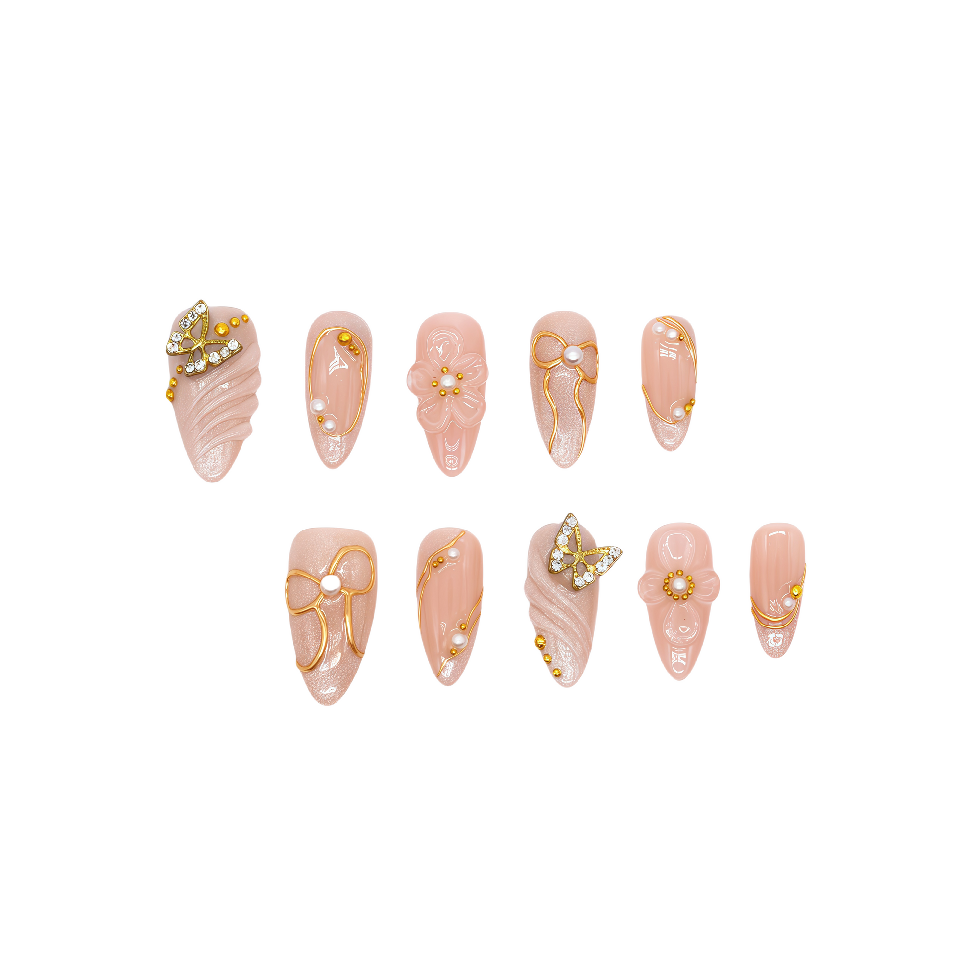 Peach-toned press-on nails with rhinestone butterfly, gold bow details, and 3D floral accents – by You Are Angel.