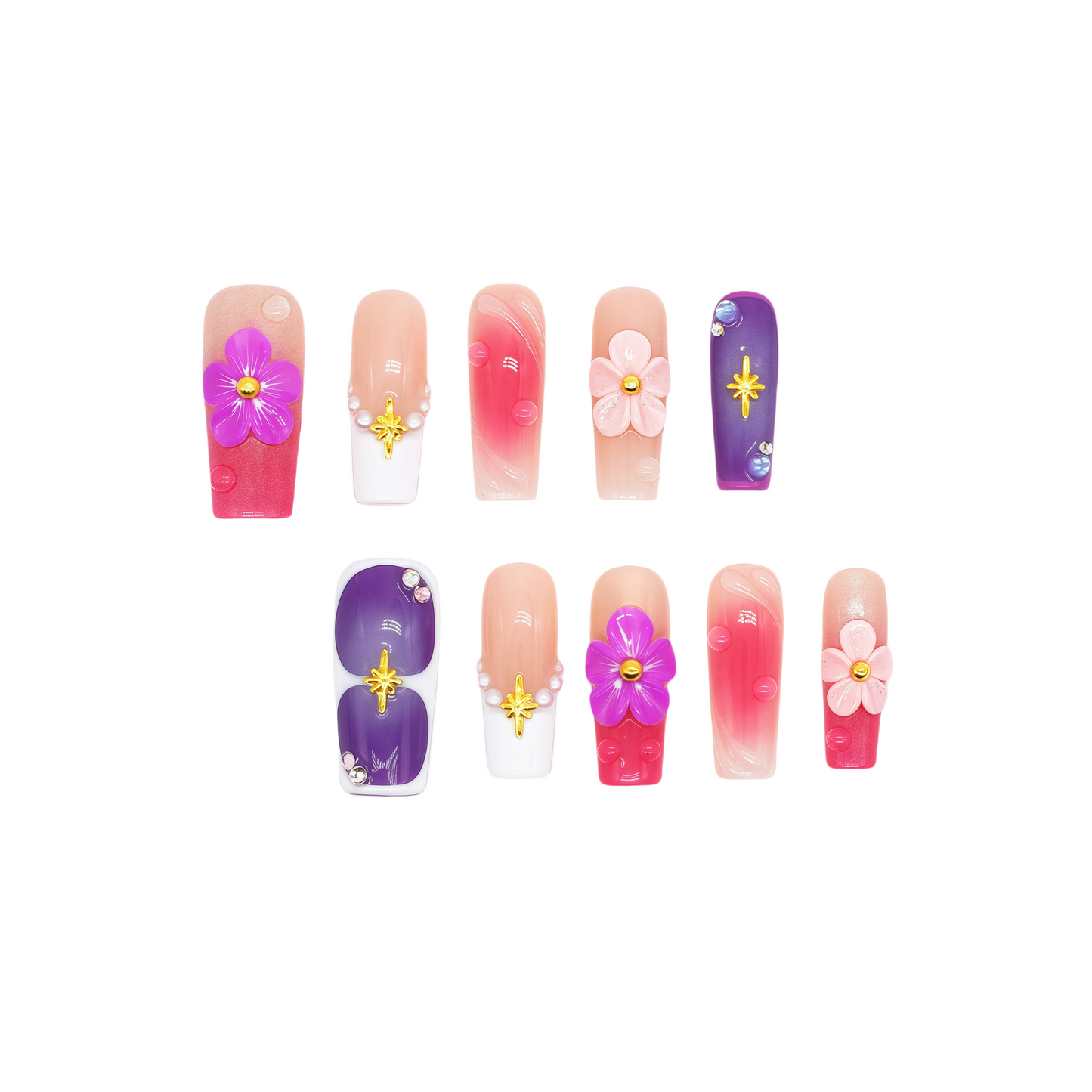 Set of nail art designs with flowers and stars on a white background