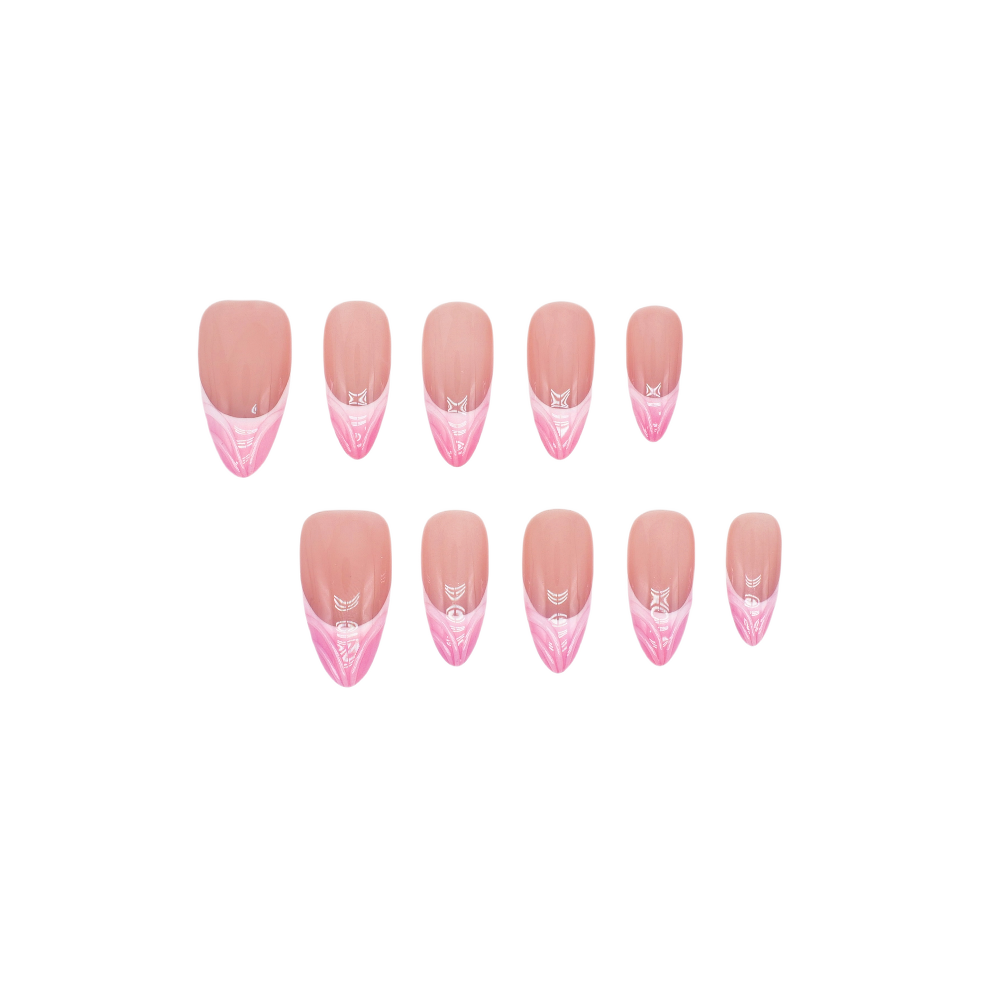 Pink Whisper press-on nails with nude base and pink V-shaped French tips in a glossy soft square finish – handmade by You Are Angel.