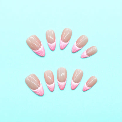 Pink Whisper press-on nails with nude base and pink V-shaped French tips in a glossy soft square finish – handmade by You Are Angel.