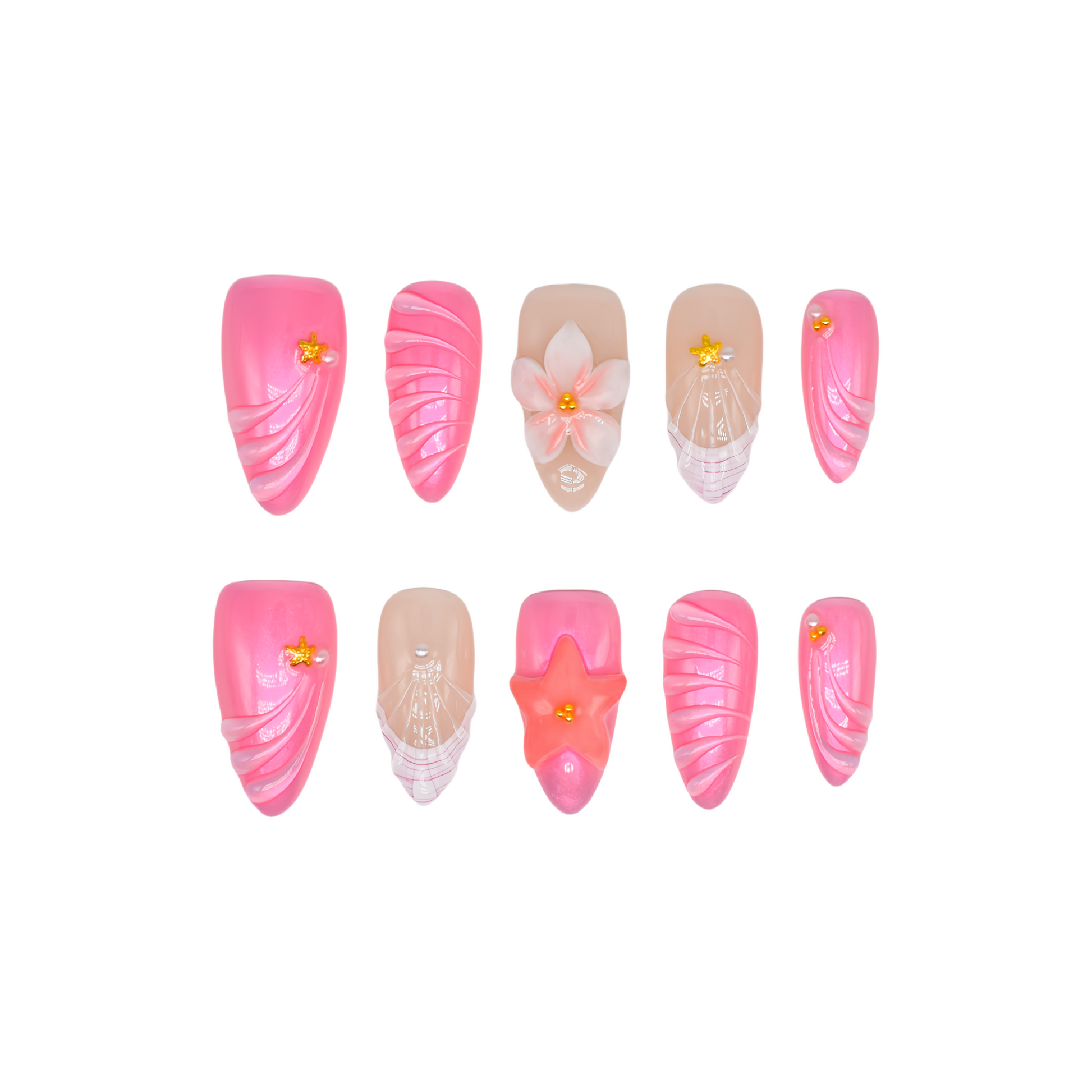 Medium Almond pink shimmer press-on nails with 3D flowers, gem embellishments, and draped texture design.