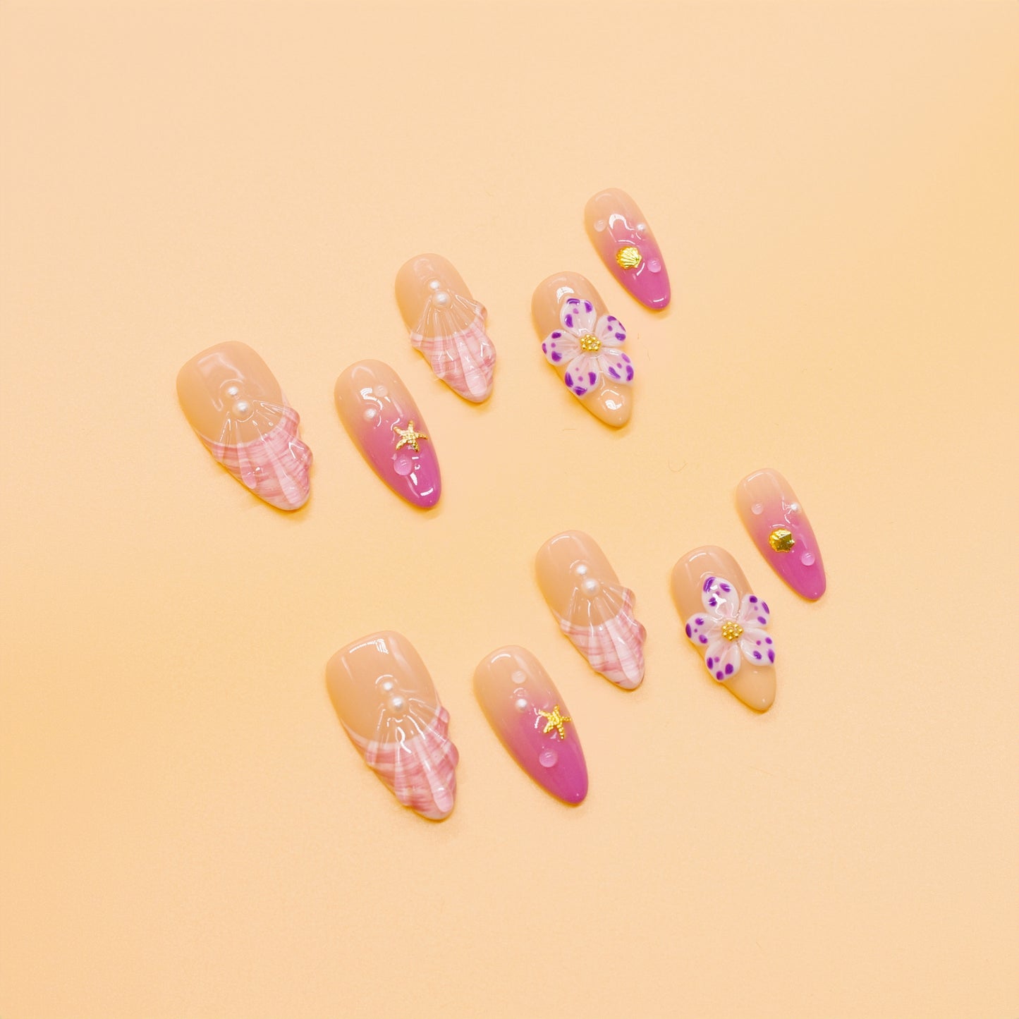 Pink Plaid Butterfly Dreams press-on nails with pink ombré, plaid accents, pearls, and 3D butterfly designs in medium almond shape