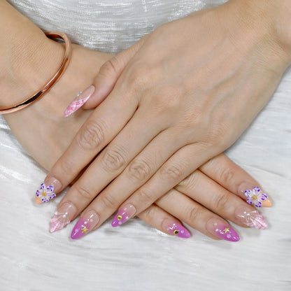 Pink Plaid Butterfly Dreams press-on nails with pink ombré, plaid accents, pearls, and 3D butterfly designs in medium almond shape