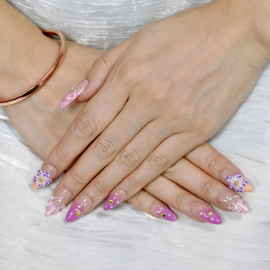 Pink Plaid Butterfly Dreams press-on nails with pink ombré, plaid accents, pearls, and 3D butterfly designs in medium almond shape