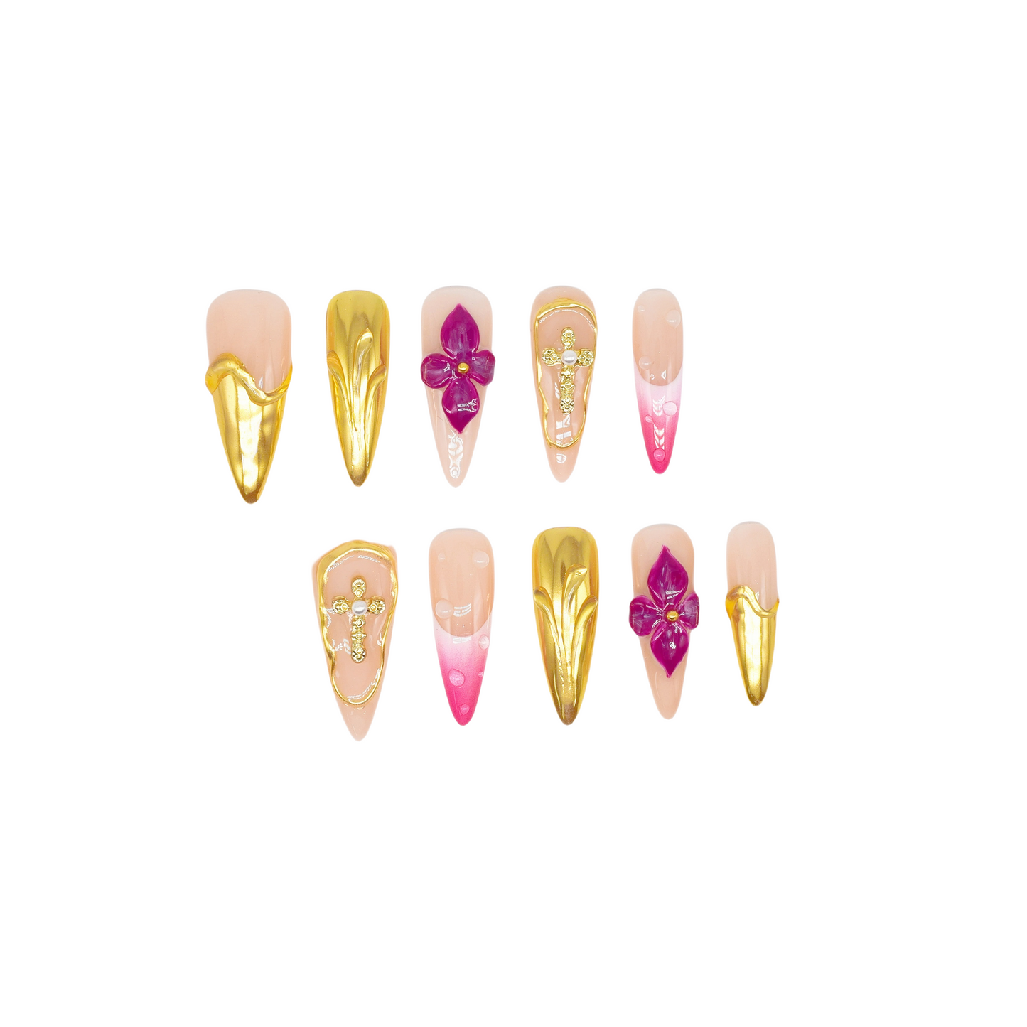 Royal Bloom press-on nails by You Are Angel with gold chrome accents, pink floral art, jeweled crosses, and long stiletto shape.