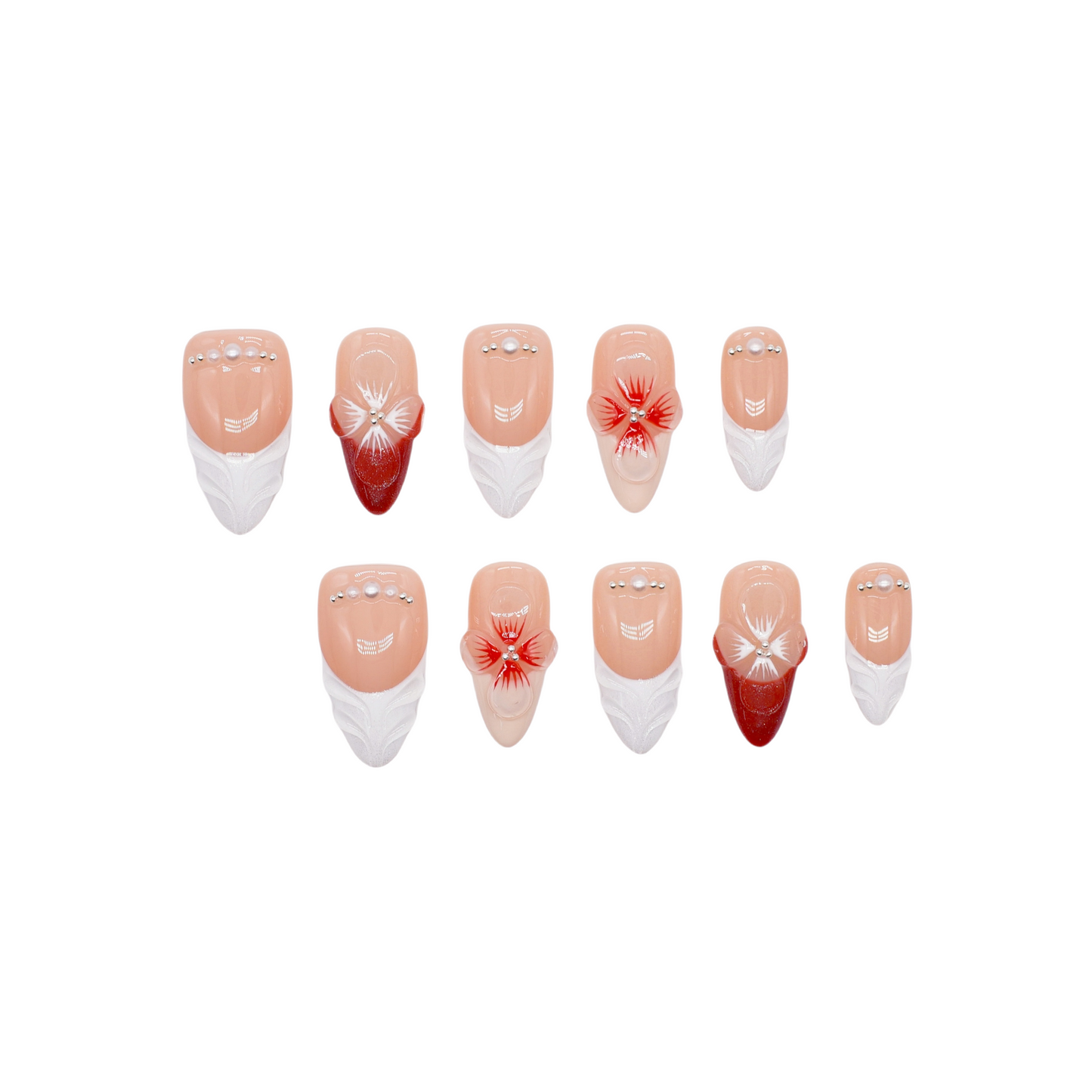 Red and white press on nails with 3D floral accents, leaf-shaped tips, and crystal embellishments – square shape from Heart & Heat Collection.