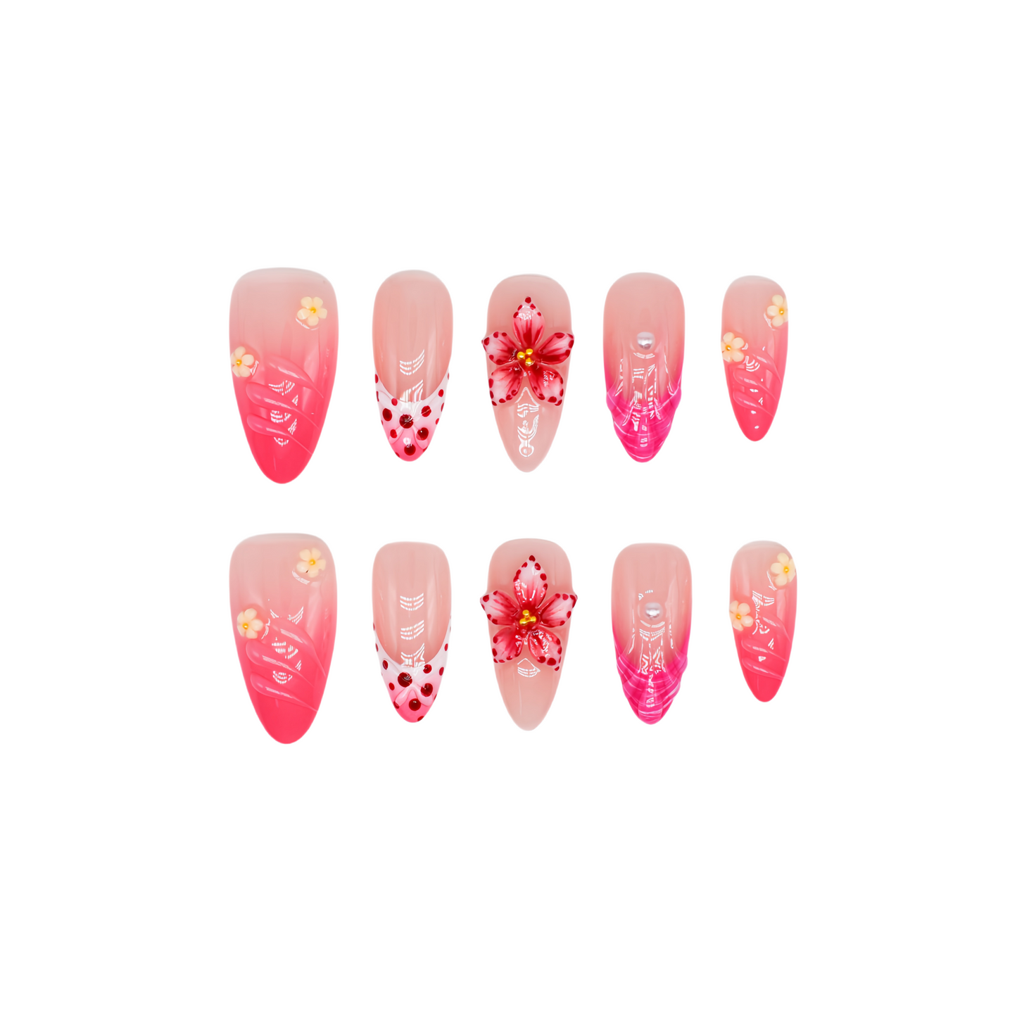 Set of nail art designs with floral patterns on a white background