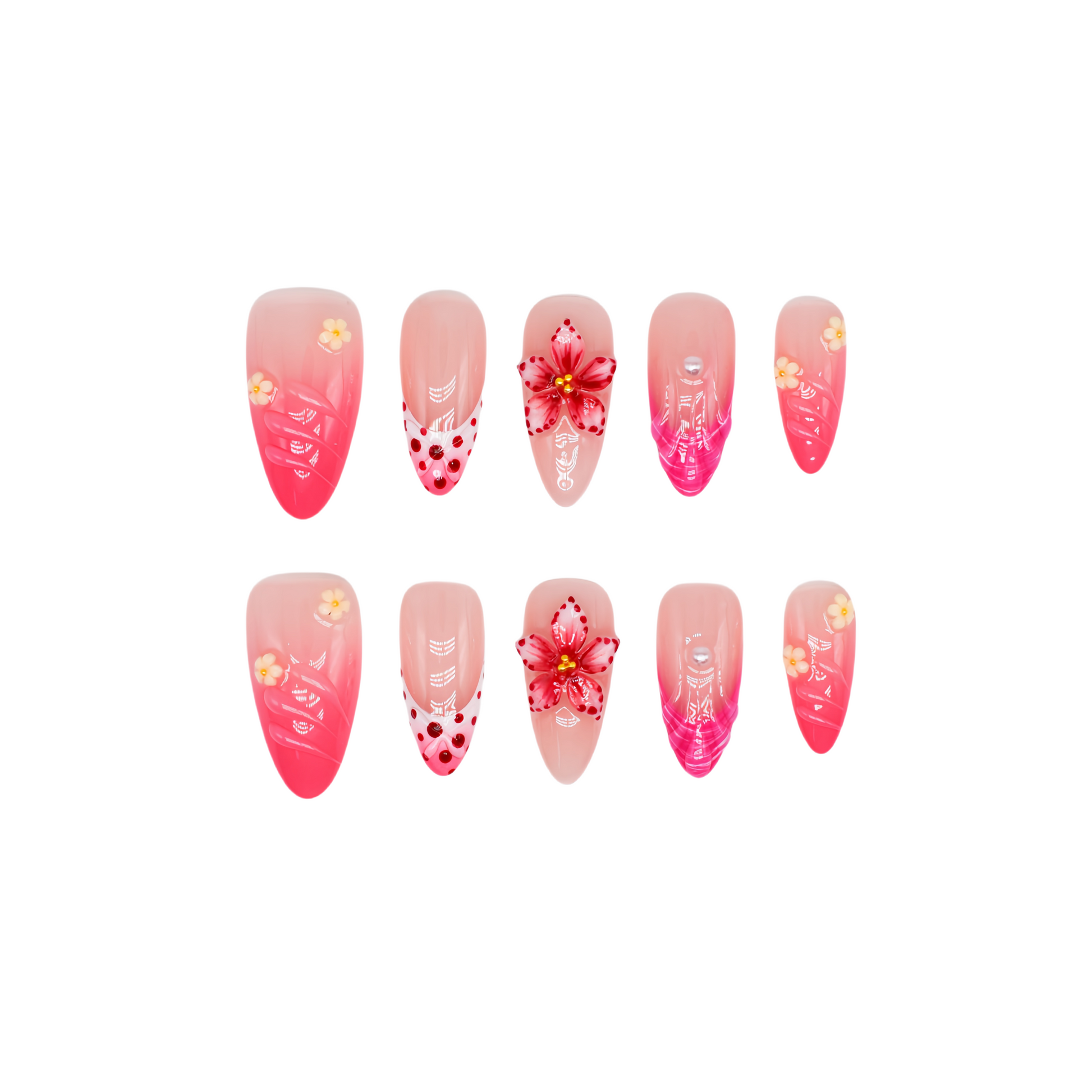 Set of nail art designs with floral patterns on a white background