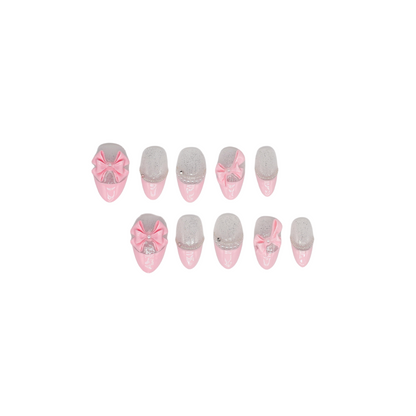 Sugar Bow handmade press-on nails by You Are Angel with pink base, silver glitter, and 3D pink bows for a soft and feminine look.