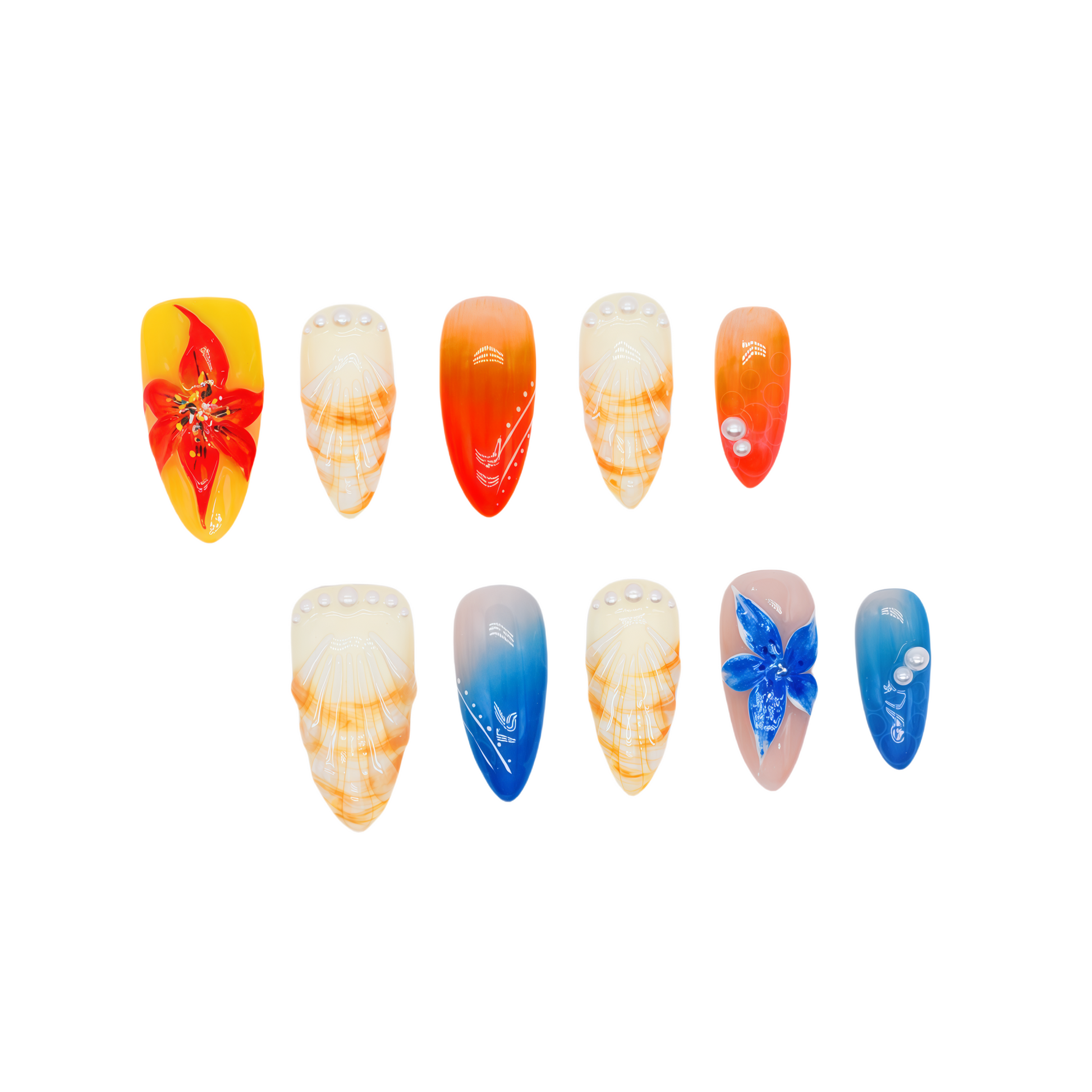Handmade press-on nails in long almond shape featuring tropical flower designs, ombré orange and blue gradient, sunbeam linework, and pearl accents – Sunset Bloom set.