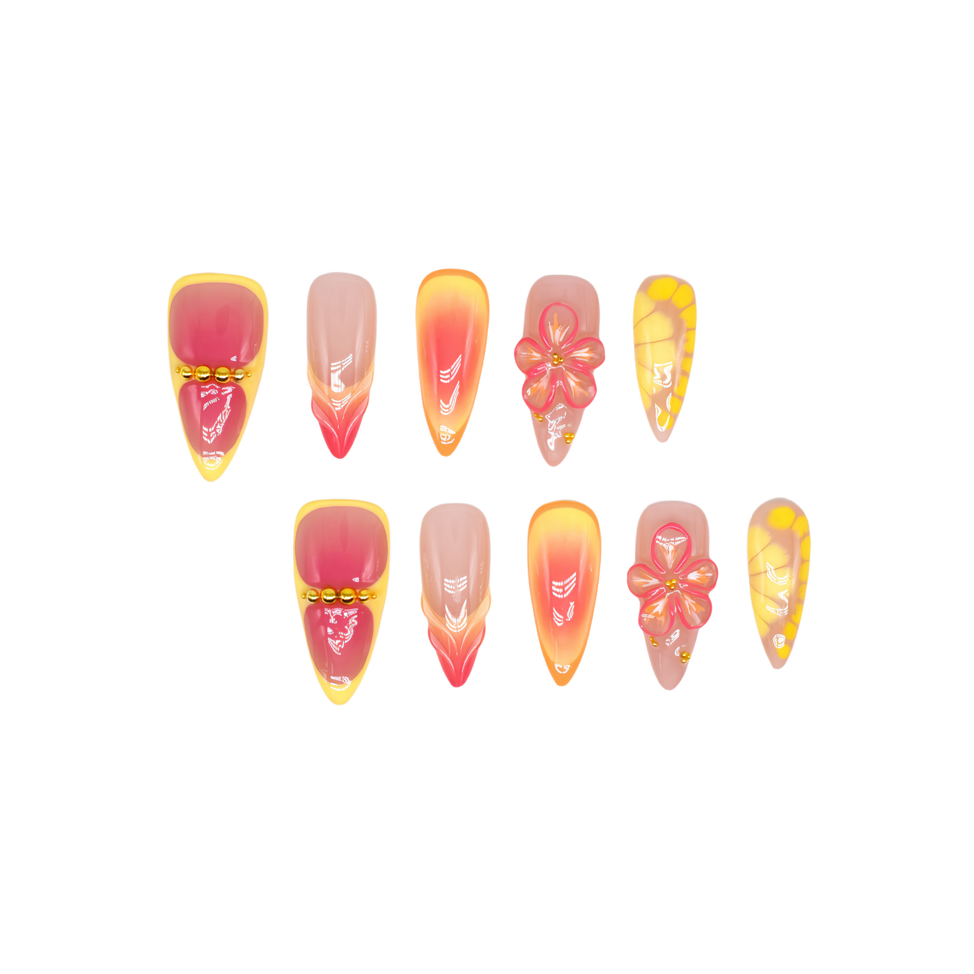 Almond-shaped press-on nails in pink-to-yellow gradient with gold beads and 3D flower accents – Sunset Bloom design.