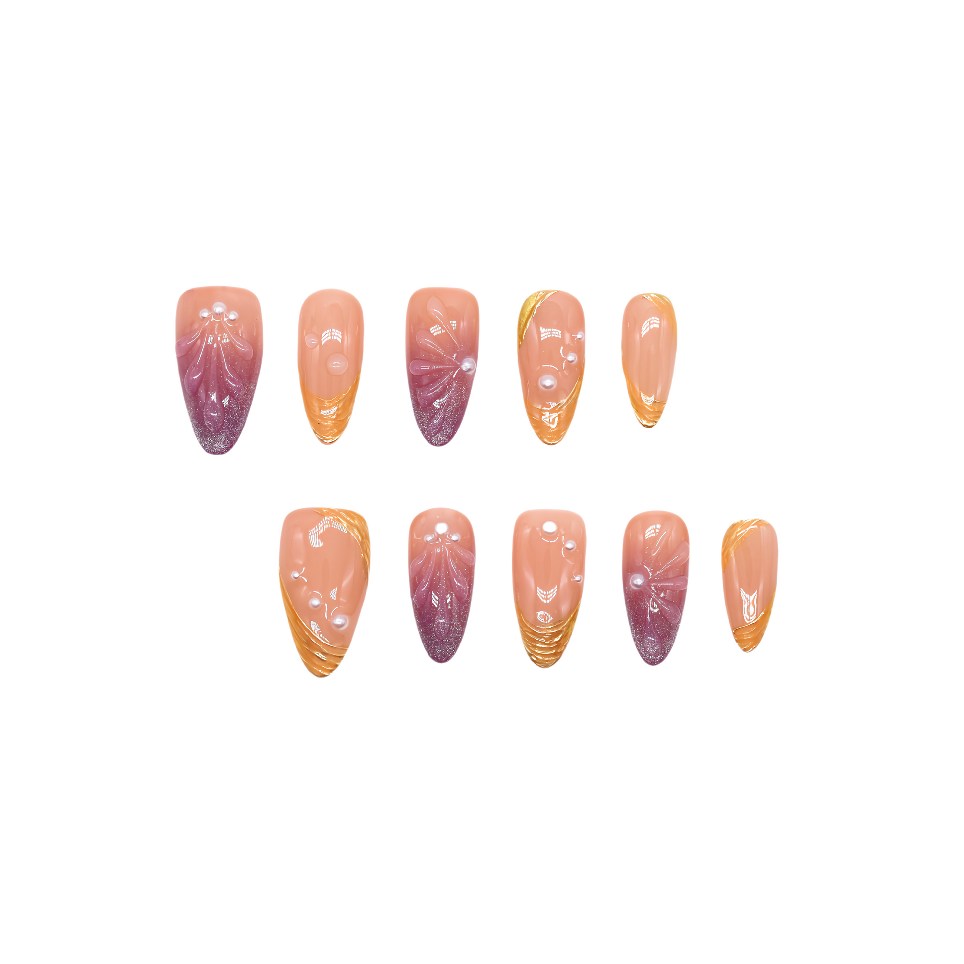 Sunset Pearl Bloom press-on nails in almond shape with peach-to-mauve ombré, golden swirls, and pearl accents – Tropical Bloom Collection
