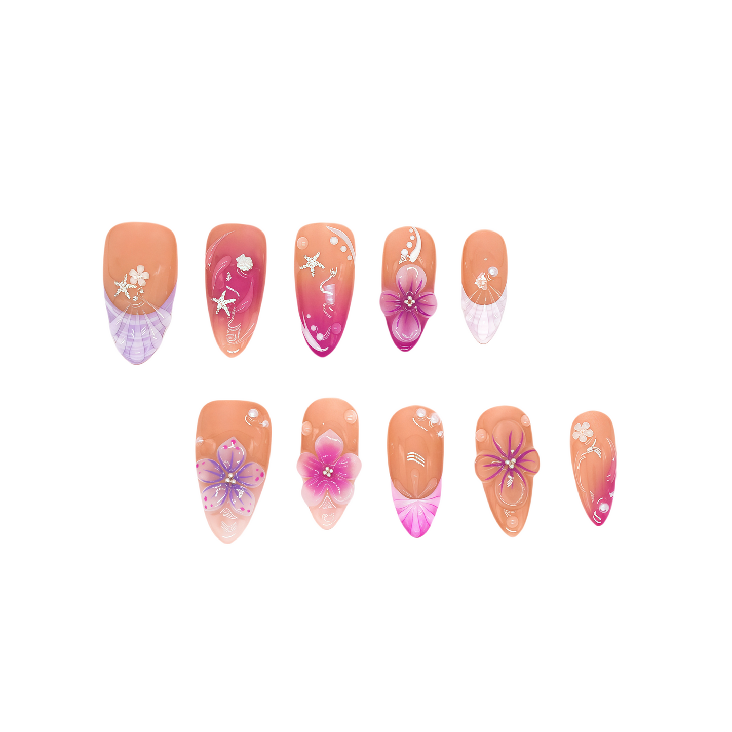 Almond-shaped coral and fuchsia press-on nails with tropical floral designs, 3D flowers, and ocean-inspired accents – Tropical Sunset Bloom set.