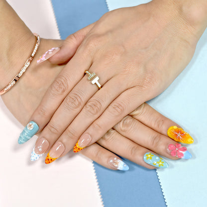 Tropical Bloom & Beach Vibes press-on nails with 3D floral and seashell accents, beach ombré colors in almond shape.